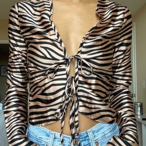 Superdown Peach & Black Zebra Print Double Tie Top